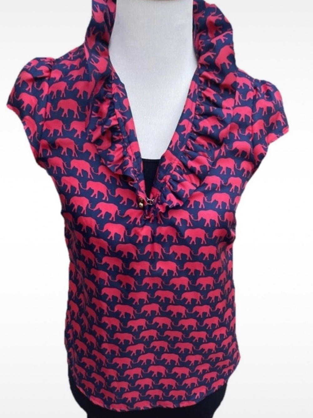Elizabeth McKay Red Elephants on Navy Print Ruffled Neck Sleeveless 100% SilkTop